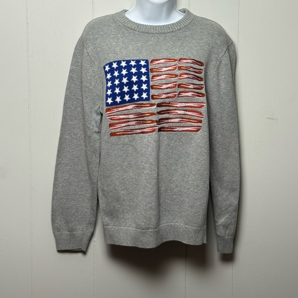 Alex Stevens Women’s Gray American Flag Bacon Lovers 100% Cotton Sweater Size M